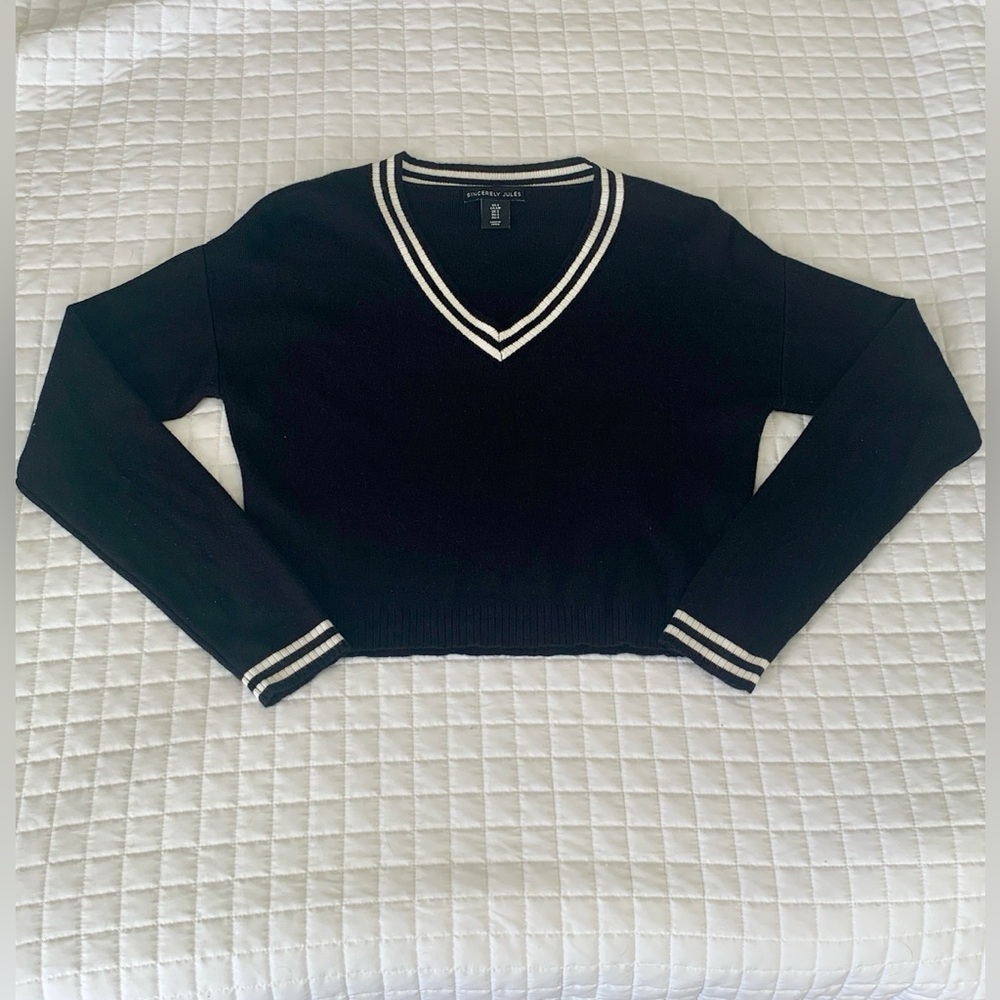Sincerely Jules Black V-Neck Sweater with White Accents